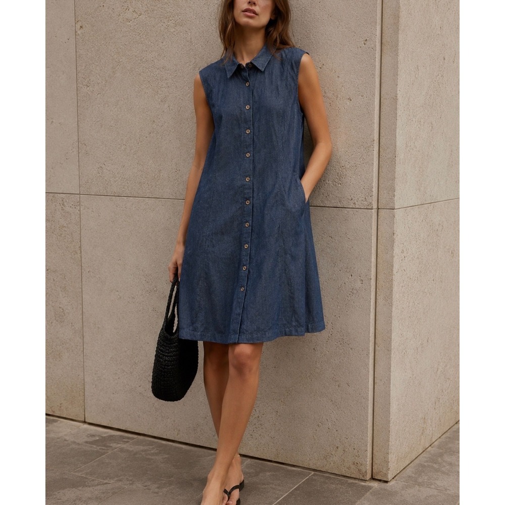 Anne Klein sz M Denim Button Front Collar Midi Dress Preppy Academia Career 90s